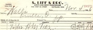 1936 S. LIFF & BRO CLEVELAND OHIO MENS & BOYS FURNISHINGS BILLHEAD INVOICE Z1000