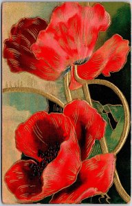 1910's Flower Bouquet Red Petals & Gold Greetings Wishes Card Postcard