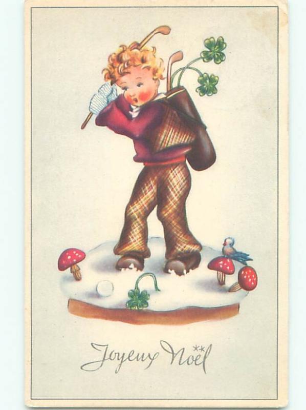 foreign Old Golfing Postcard EUROPEAN CHILD PLAYS GOLF AT CHRISTMAS TIME AC2388