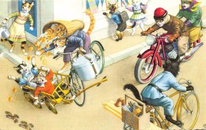 L336 Humanized Cats traffic accident bicycle moto comic humor postcard