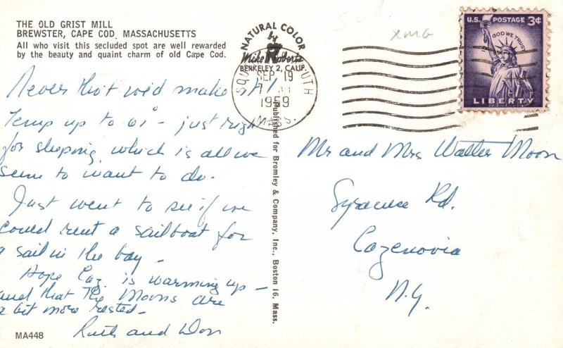 Vintage Postcard 1959 Old Grist Mill Spot Brewster Cape Cod Massachusetts MA