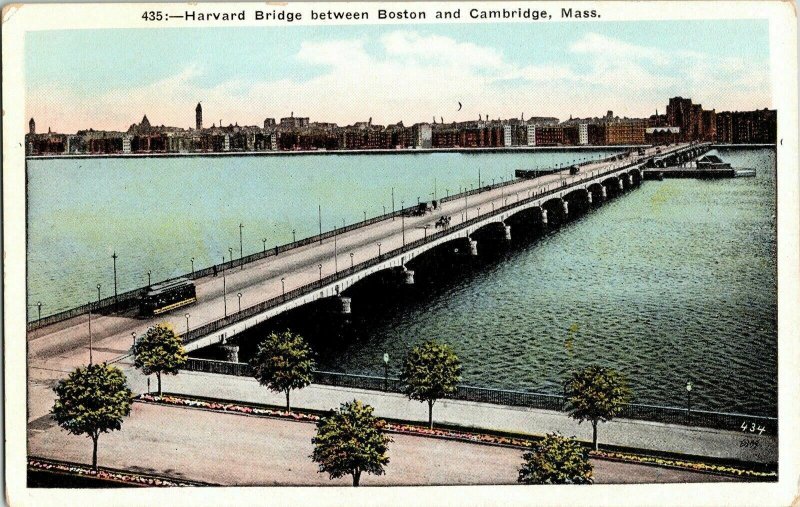 Harvard Bridge Boston Cambridge Mass Trolley Divided Postcard Unposted Vintage 