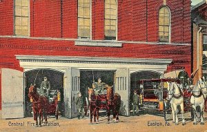 EASTON PA~CENTRAL FIRE STATION~HORSE PULLED FIRE ENGINES~1908 PMK POSTCARD