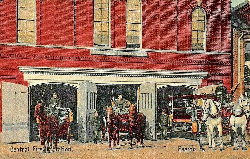 EASTON PA~CENTRAL FIRE STATION~HORSE PULLED FIRE ENGINES~1908 PMK POSTCARD