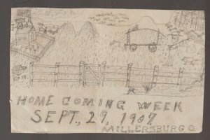 Millersburg OHIO 1907 HAND-MADE POSTCARD Drawing Farm Farmer FOLK ART Homecoming