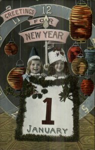 New Year - Cute Little Girls Silly Hats Chinese Lanterns c1910 Postcard