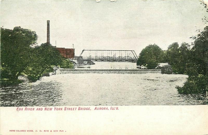 IL, Aurora, Illinois, Fox River, New York Street Bridge,Hand Colored