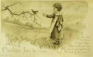 1880's Raphael Tuck Christmas Card Poem Adorable Child & Bird Meadow P94