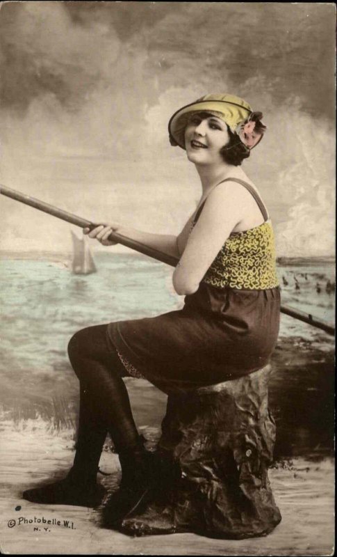 Beautiful Woman Beach Studio Props Fishing? Photobelle NY Tinted RPPC c1910