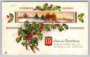 Wishes For Christmas, Holly, Rural Winter Scene, 1921 Stecher Litho Postcard