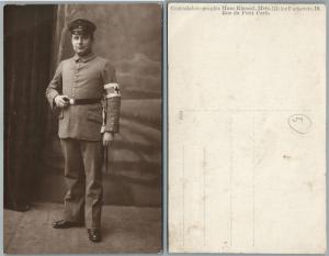 RED CROSS MAN in UNIFORM w/ BAYONET & KNOT WWI ANTIQUE REAL PHOTO POSTCARD RPPC