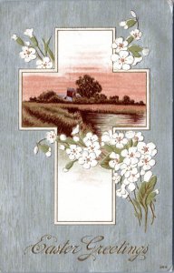 Postcard Easter Greetings - Cross with house and river scene