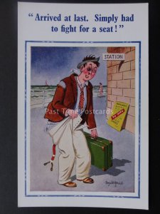 Donald McGill Postcard RAILWAY TRAVEL - SIMPLY HAD A FIGHT FOR A SEAT..c1950's