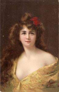 Pretty lady, by A. Asti Old vintage French, artist signed, postcard