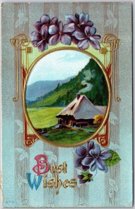 1911 Best Wishes Landscape Flower Violets Greetings Card Posted Postcard