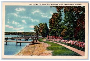 c1940 Along Shore Path Spring Haven Dock Port Lake Geneva Wisconsin WI Postcard