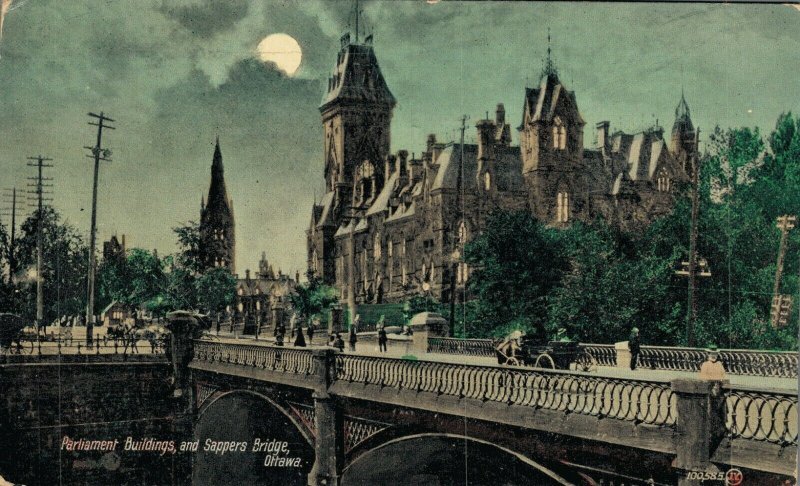 Canada Parliament Buildings and Sappers Bridge Ottawa Vintage Postcard 07.87