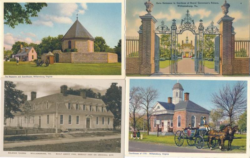 (4 cards) Historic Williamsburg VA Virginia Magazine Tavern Garden Courthouse