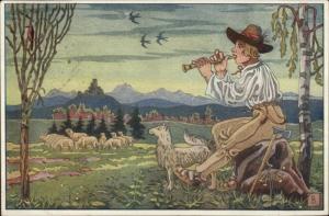 Fairy Tale? Little Boy Who Cried Wolf? Shepherd Playing Horn c1910 Postcard 