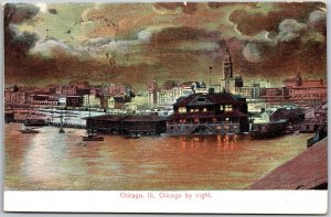Chicago Illinois IL, 1910 Chicago By Night Skyline Waterfront Buildings Postcard