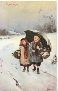 Children Postcard - Happy Days - Children Walking In the Snow - 3707A