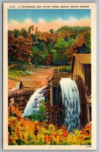 Postcard c1940s A Picturesque Old Water Wheel During Indian Summer Linen Unused