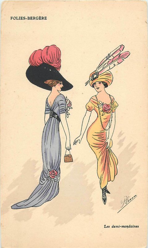 Early parisian fashion old pictorial card artist signed Folies-Bergere