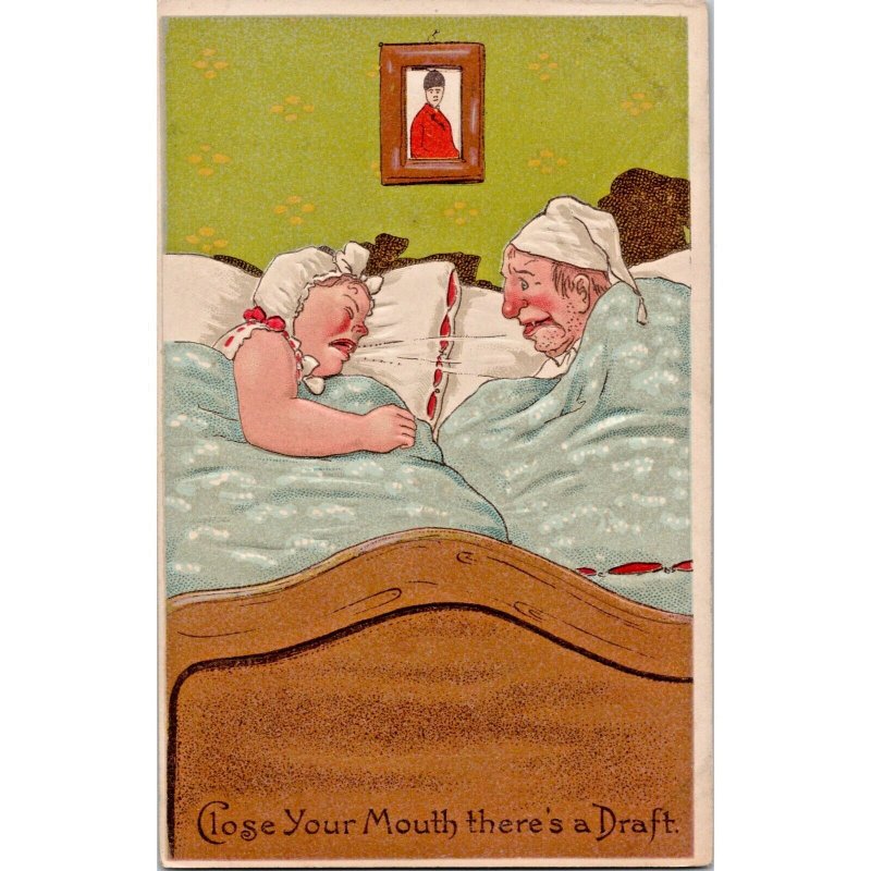 Vintage Marital Humor Postcard - Husband Wife - Close Your Mouth There's a Draft