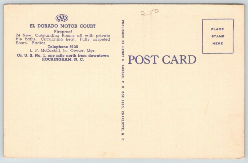 Rockingham NC~McCaskill El Dorado Motor Court~US Route 1~1940s Linen Postcard 