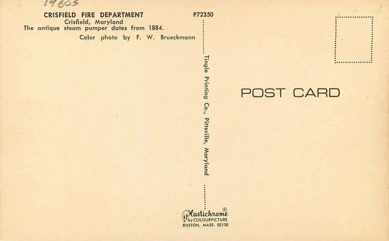 Antique Steam Pumper Crisfield Maryland Fire Department Postcard Tingle 8764