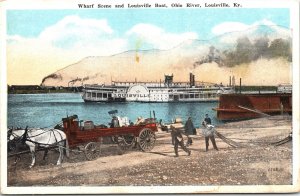 Postcard KY Louisville Wharf Scene & Louisville Steamer on Ohio River 1920s V201