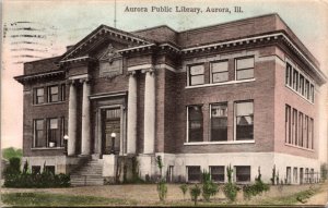 Hand Colored Postcard Aurora Public Library in Aurora, Illinois