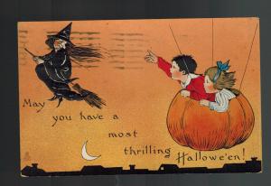 1914 Postcard Cover May You Have Thrilling Halloween Kids in Pumpkin Witch Flyin