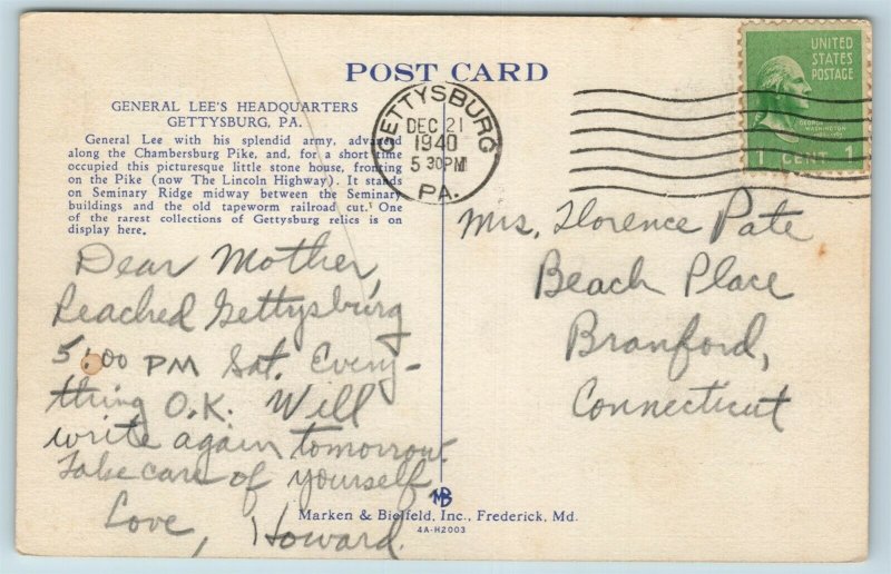 Postcard General Robert E Lee Headquarters Gettysburg Battlefield PA AE10