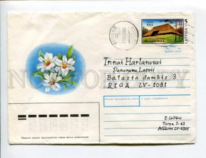 413129 LATVIA 1994 Belomytseva flowers real posted COVER stamp w/ overprint