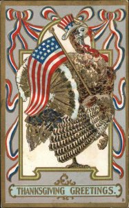 Thanksgiving Patriotic Turkey American Flag c1910 Postcard