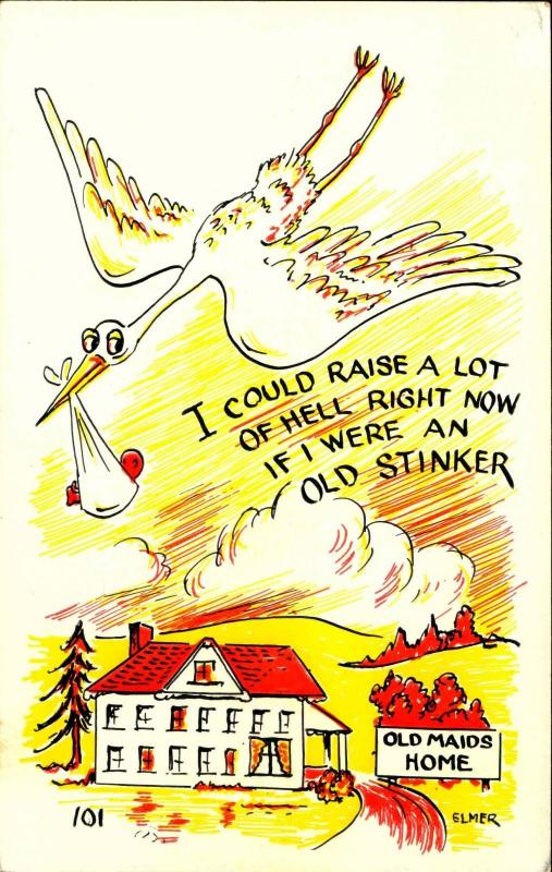 COMIC, Old Maids and a Stork? Oh oh! Elmer Anderson Vintage Postcard COM610924