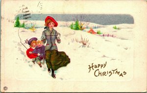 Pulling Children on Sled in Snow Happy Christmas Stecher 1920 DB Postcard C4