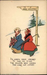Tuck Long Ago Children Christmas Girls Walk Winter c1920 Vintage Postcard