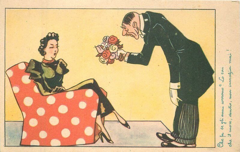 1930S Man giving floral bouquet to woman comic humor Postcard 22-8041