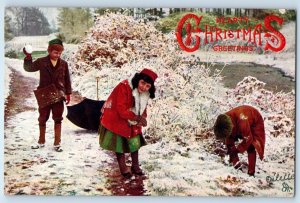 1908 Christmas Greetings Children Playing Snowballs Oilette Tuck Posted Postcard