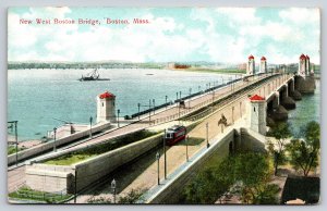 Boston Massachusetts~New West Boston Bridge~Cable Car~Horse Cart~Vtg Postcard