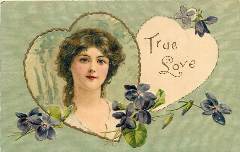 Rotograph Valentine Postcard f-684; Beautiful Brunette Girl True Love, Violets