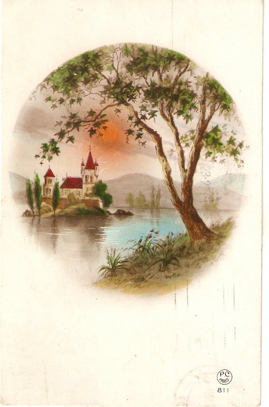 Fantasy landscape with castle Old vintge antique French postcard