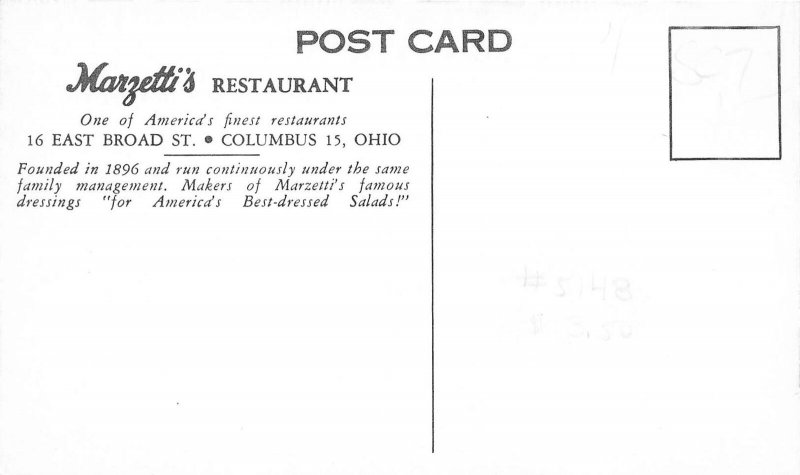 Columbus Ohio 1950s Postcard Marzetti's Restaurant