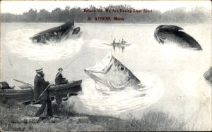 Athens Maine Fishing Exaggeration c1900-20s Vintage Postcard