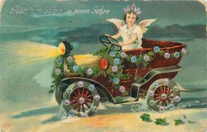 Winter seasonal greetings New Year drawn lovely angel girl automobile fantasy