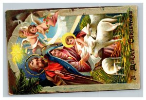 Vintage 1910's Christmas Postcard Angels Watch Over Jesus Joseph & Mary Lambs
