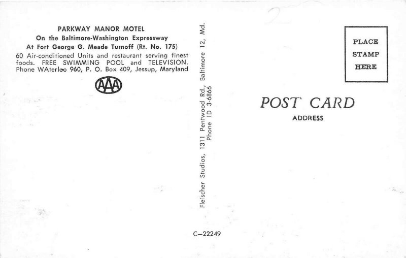 Jessup Maryland 1960s Postcard Parkway Motor Motel Swimming Pool