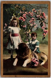 Dog And Children Flowers In Basket Grounds Portrait Postcard